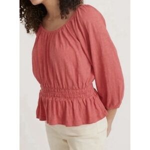 Marine Layer Christiana Knit Long Sleeve Shirred Cotton Top Berry Peplum Peasant